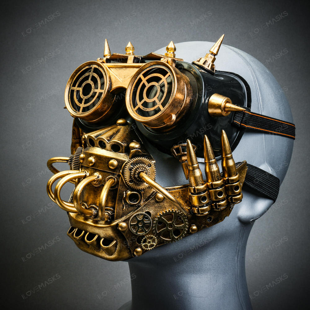 Gold Robot Mouth Cover Mask with Spike Flip Up Full Goggle Halloween Costume